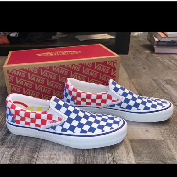 red and blue vans checkered